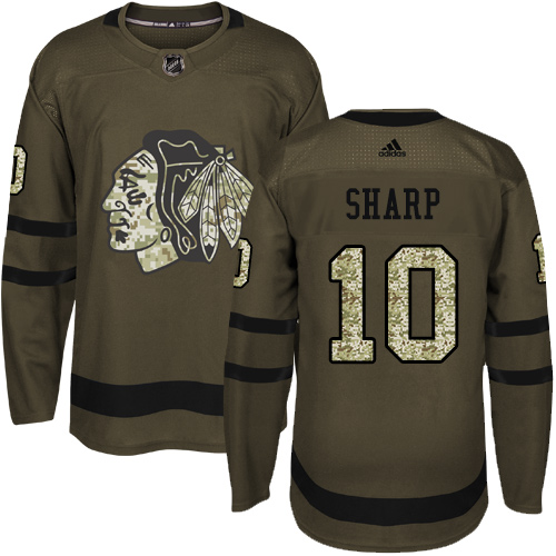 Adidas Blackhawks #10 Patrick Sharp Green Salute to Service Stitched Youth NHL Jersey - Click Image to Close